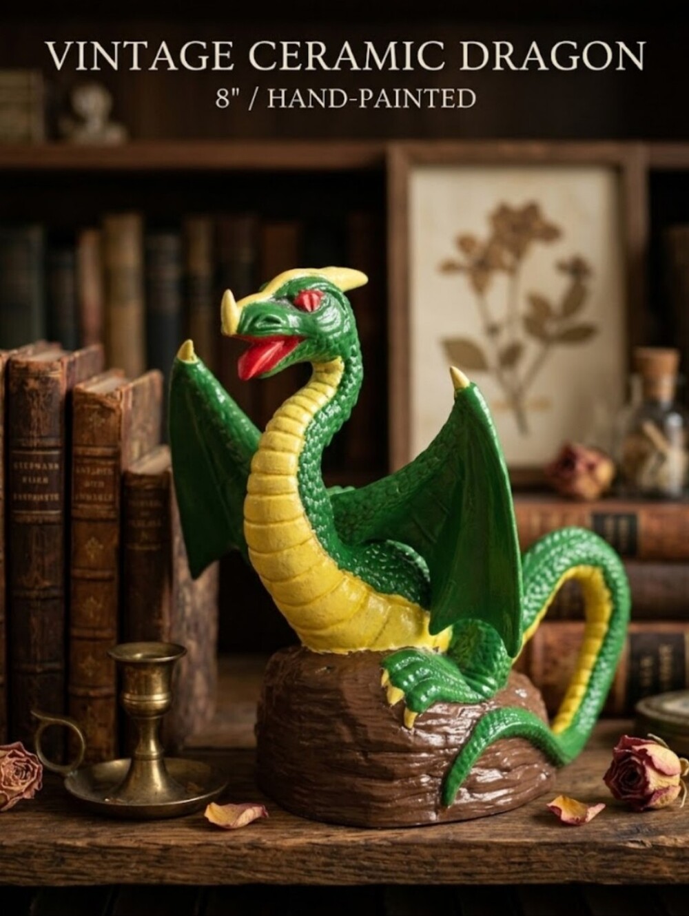 Vintage Hand-Painted Ceramic Dragon Figurine 8"